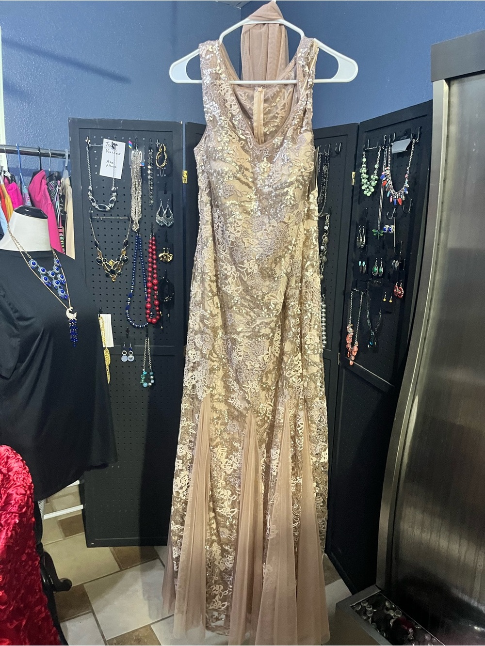 Alex Evenings Gold Lace & Nude Tulle Maxi Dress